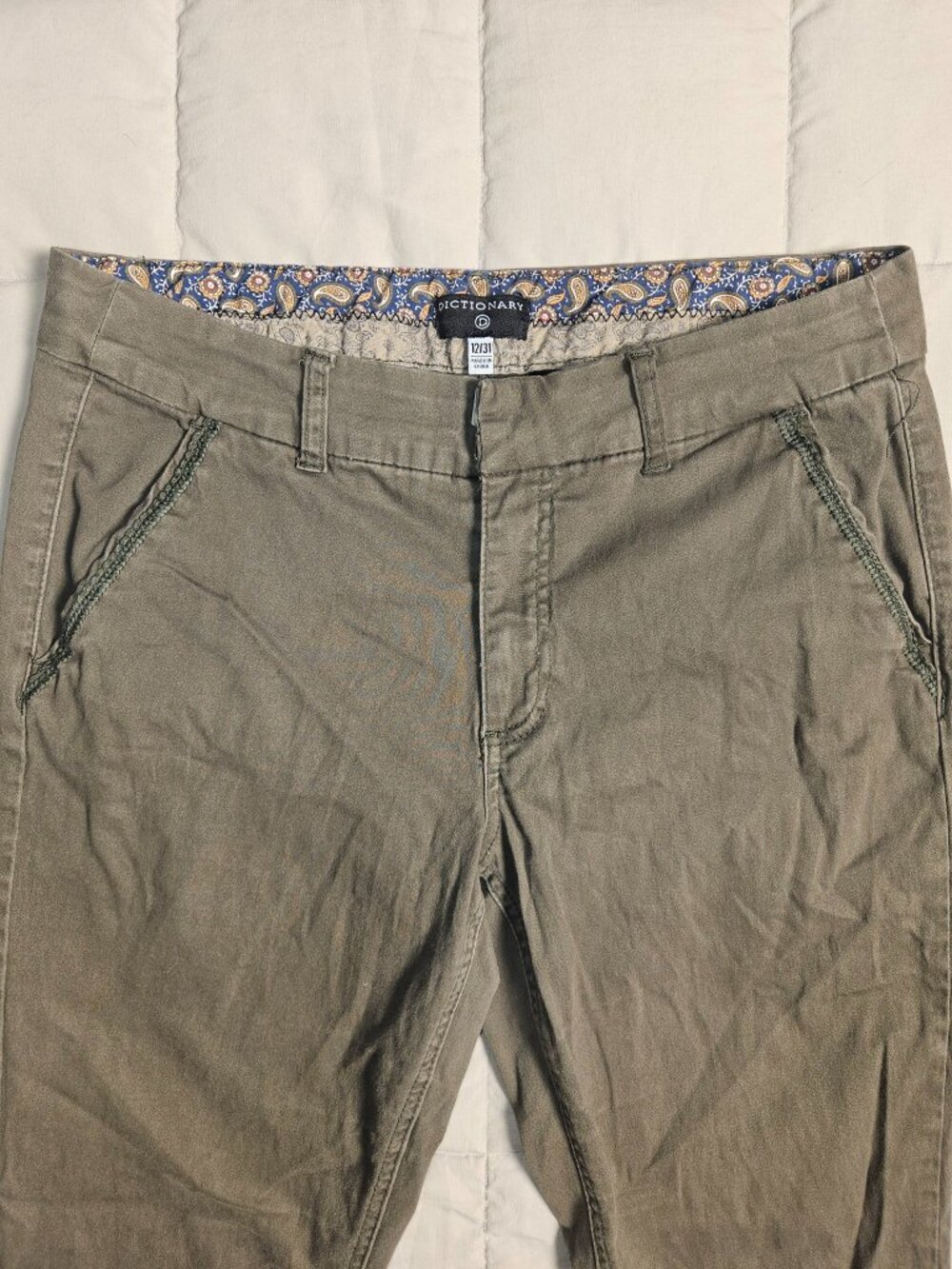 Dictionary Olive Green Skinny Chino Pants Women's 12 Paisley Lining